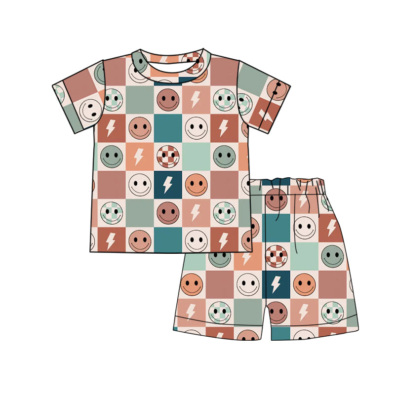 4.27custom moq 5 eta 4-5weeks smiley-Face prints plaid short sleeves with shorts