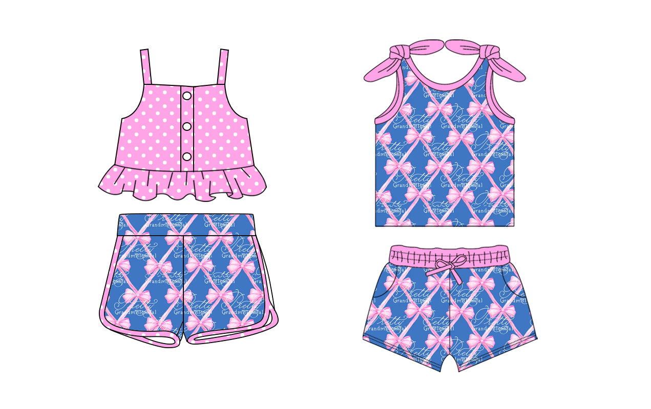 1.21 custom each style moq 5eta 4-6week Sibling Sister bow baby girls short sleeve shorts sets and set 2 match design