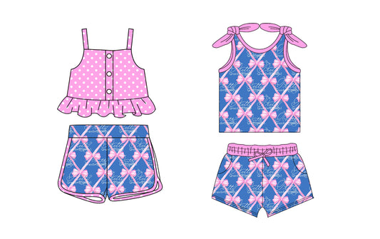 1.21 custom each style moq 5eta 4-6week Sibling Sister bow baby girls short sleeve shorts sets and set 2 match design