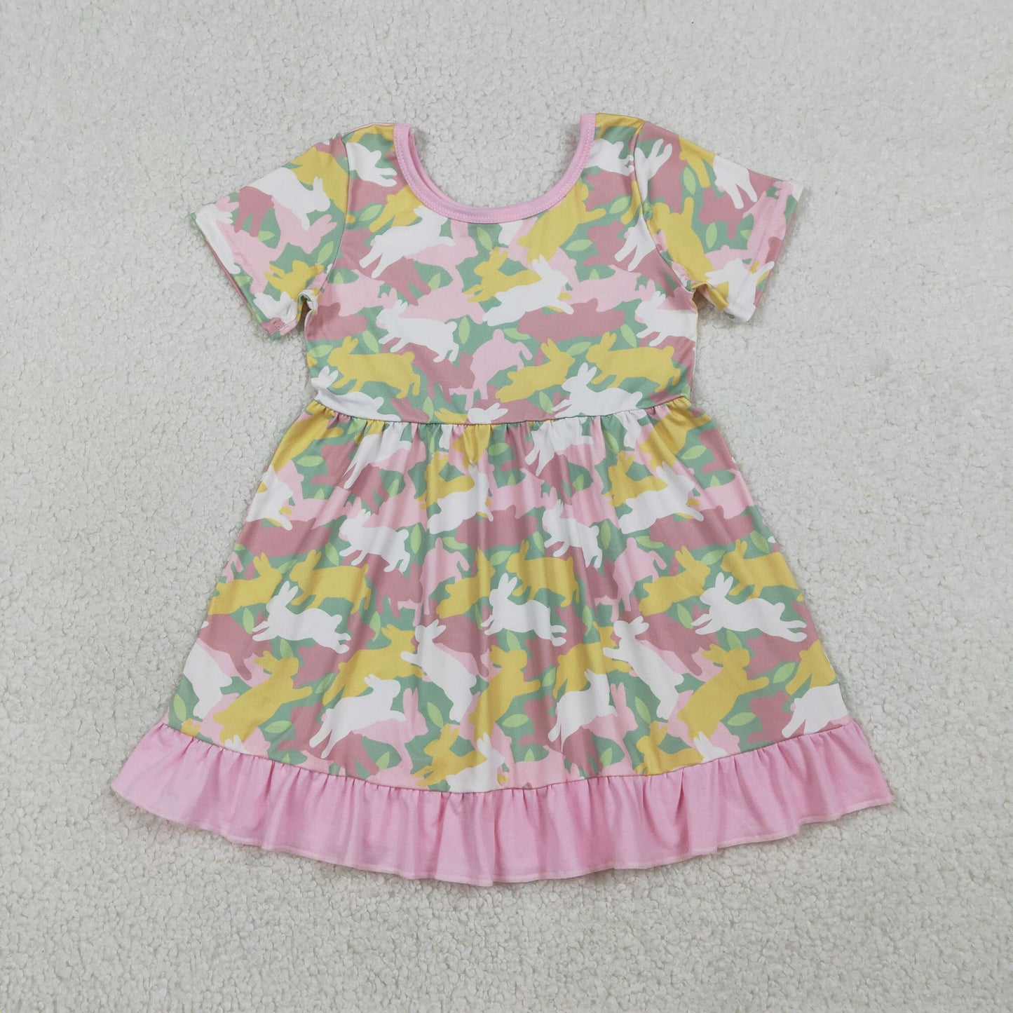 RTS NO MOQ（In Stock ) GSD3286 Pink camouflage short-sleeved dress with rabbit trim