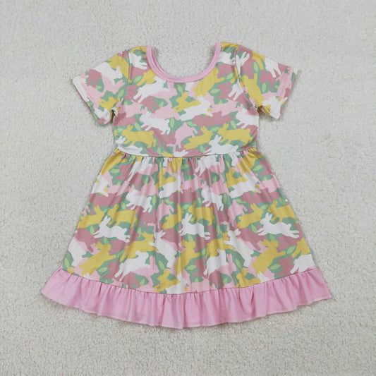 RTS NO MOQ（In Stock ) GSD3286 Pink camouflage short-sleeved dress with rabbit trim
