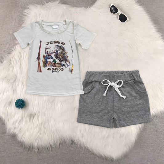 RTS NO MOQ BT0340+SS0133 baby boy clothes short sleeve top Light gray pocket shorts sets