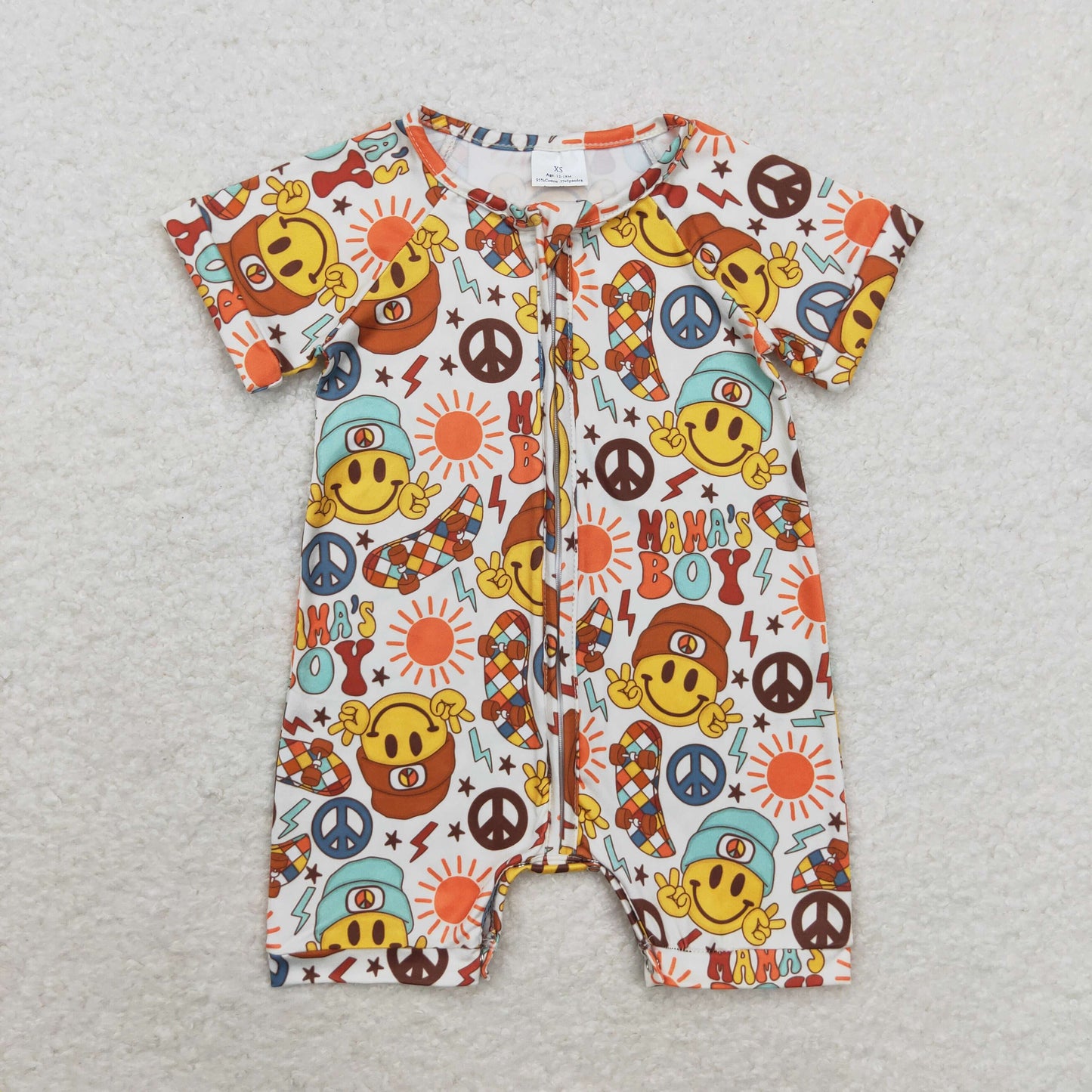 RTS no moq SR1776 Mama's boy smiley face sun skateboard zipper short-sleeved jumpsuit