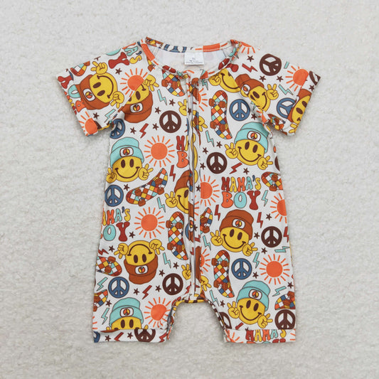 RTS no moq SR1776 Mama's boy smiley face sun skateboard zipper short-sleeved jumpsuit