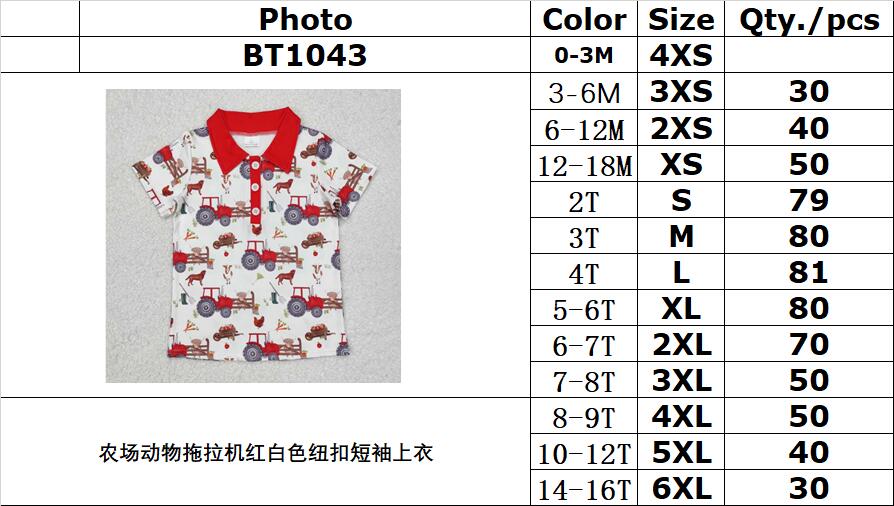 RTS NO MOQ ETA 5/7days arrived BT1043 Farm Animal Tractor Red and White Button Short Sleeve Top