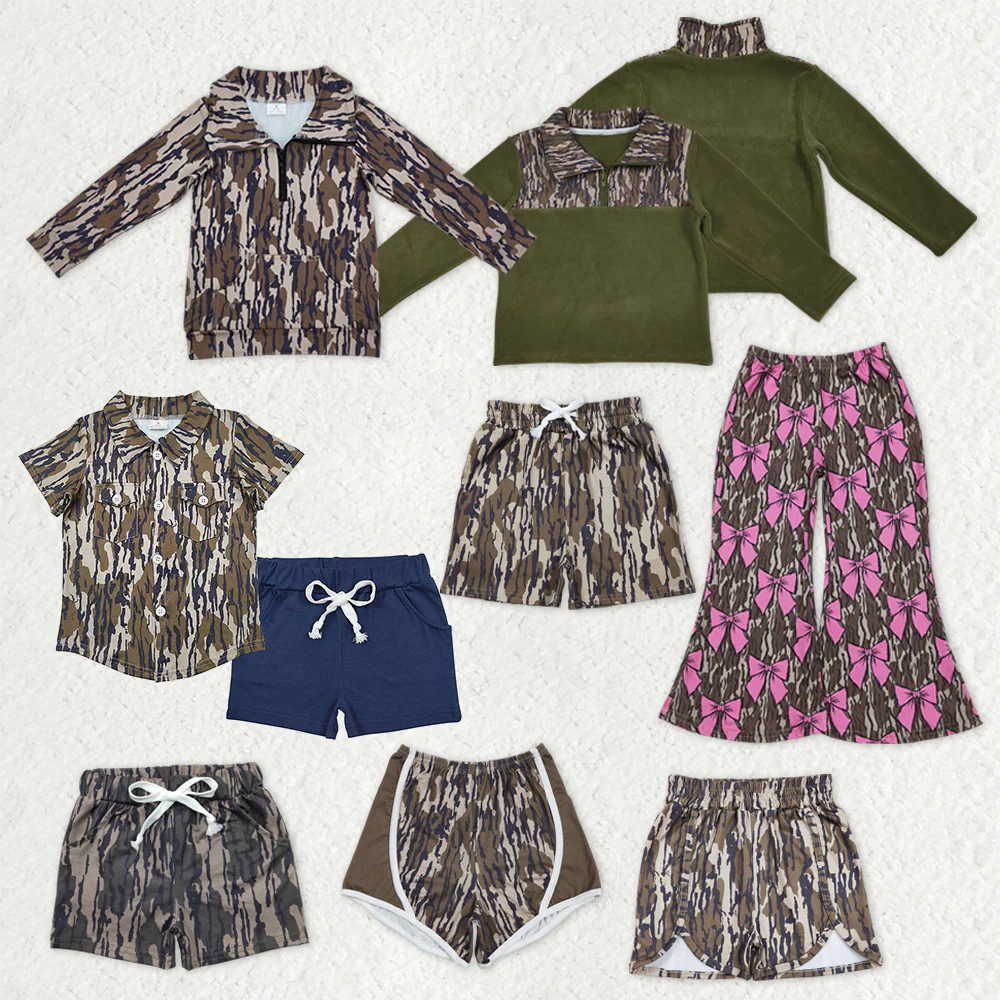RTS NO MOQ Sibling Baby kid Camouflage pullover long sleeve tops and shorts sets and shorts