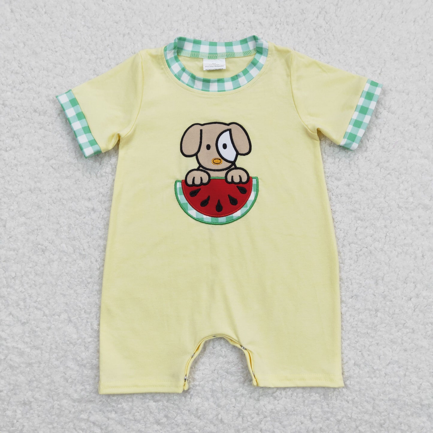 SR0788 Embroidered Watermelon Puppy Yellow Short Sleeve romper