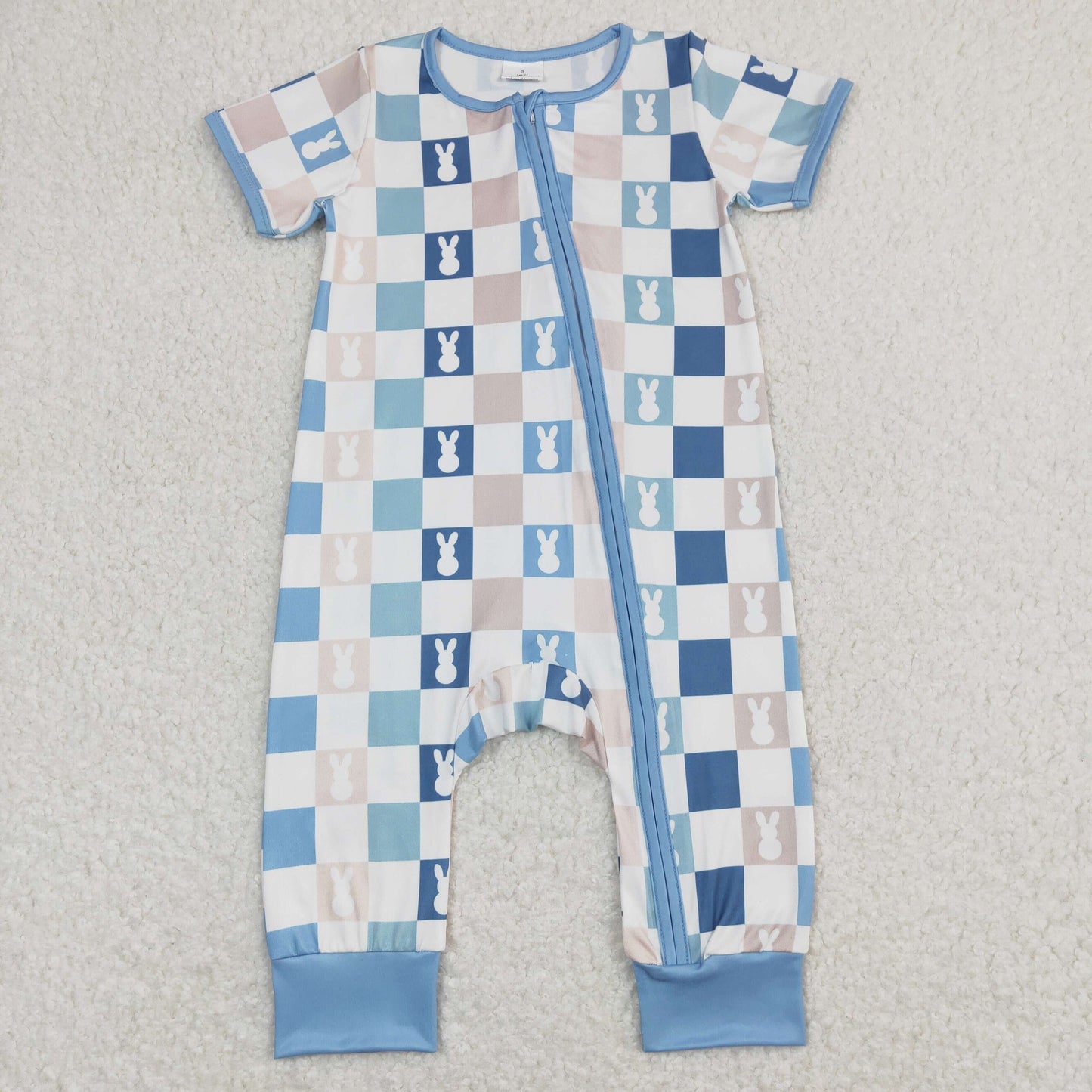 SR1013 Rabbit Plaid Blue and White Zip Short Sleeve Jumpsuit