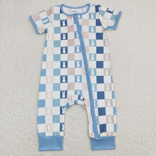 SR1013 Rabbit Plaid Blue and White Zip Short Sleeve Jumpsuit