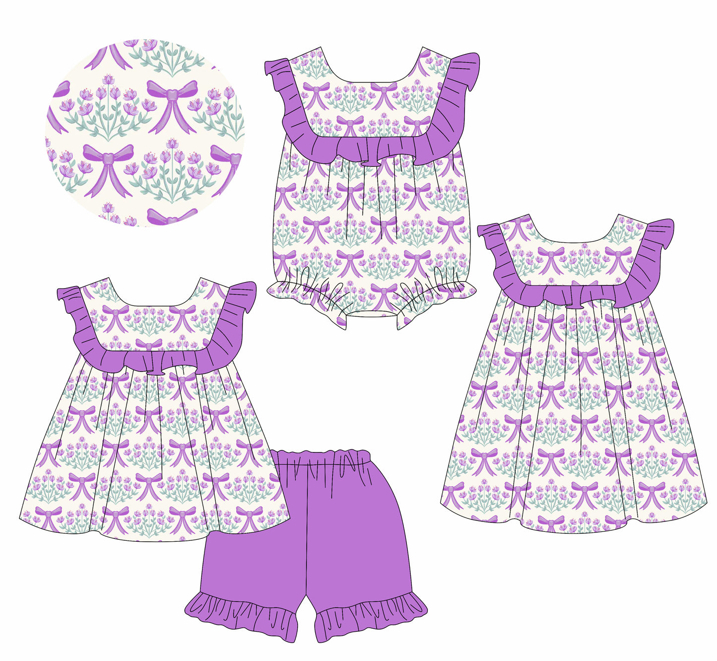 1.14 custom each style moq 5eta 4-6week Sibling Sisters bow floral baby girl short sleeve shorts sets and dress and rompers match family design