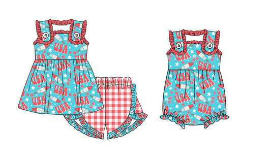 26.1.1 custom each style moq 5 eta 6-8week Sibling Sister USA baby girl short sleeve shorts sets and romper match design
