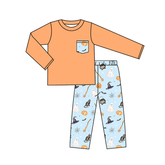 5.7custom each style moq 5eta 4-5week Halloween ghost pumpkin magic hat prints orange long sleeves and blue long pants