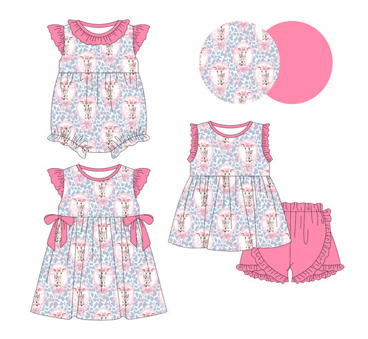 1.2 custom each style moq 5eta 4-6week Sibling Sistes floral cow baby girl short sleeve shorts sets and dress and rompers match family design