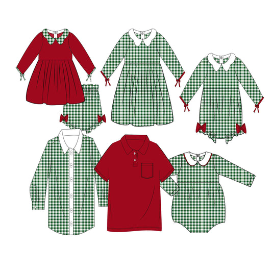 5.14custom each style moq 5eta 4-5week Sibling Sister Christmas style green white plaid red boys and girls clothing and baby rompers match family design