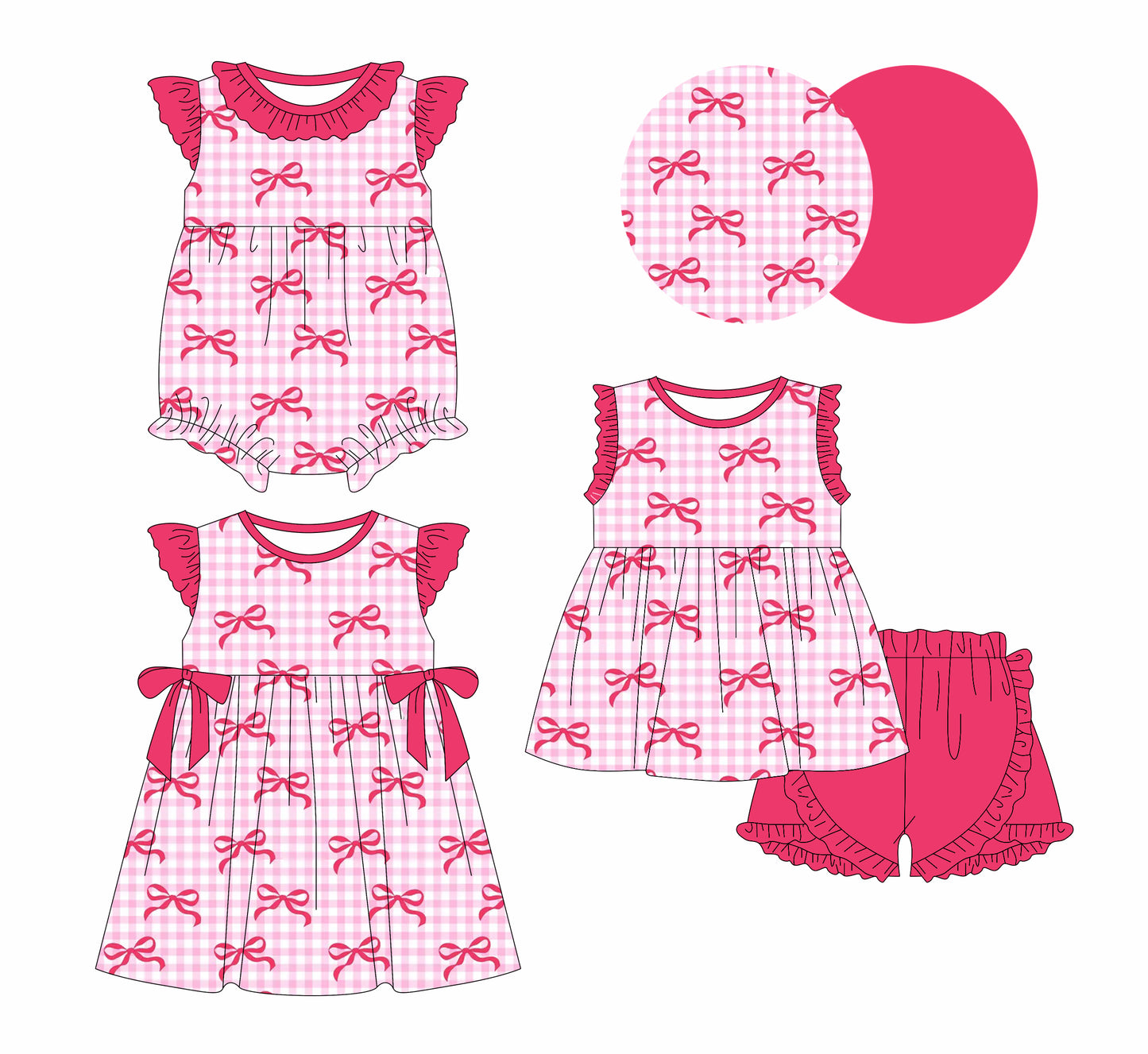 1.4 custom each style moq 5eta 4-6week Sibling Sistes bow baby girl short sleeve shorts sets and dress and rompers match family design