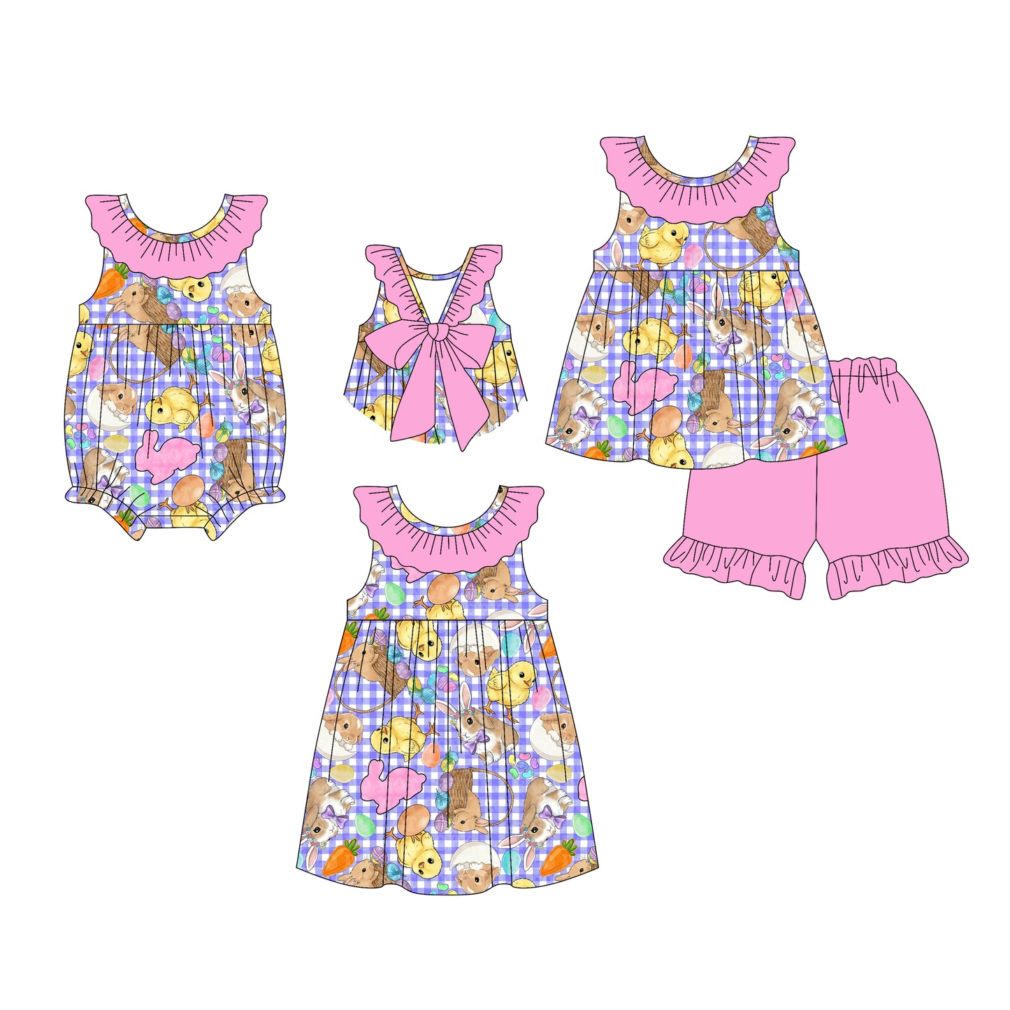 26.1.2 custom each style moq 5 eta 6-8week Sibling Sister easter baby short sleeve shorts sets and romper and dress match design