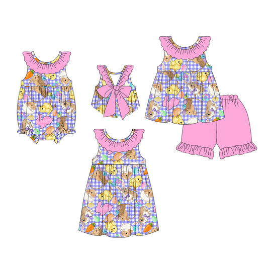 26.1.2 custom each style moq 5 eta 6-8week Sibling Sister easter baby short sleeve shorts sets and romper and dress match design