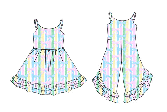 25.12.4 custom each style moq 5 eta 6-8week Sibling Sister bow baby girl clothes suspender jumpsuit and dress match design