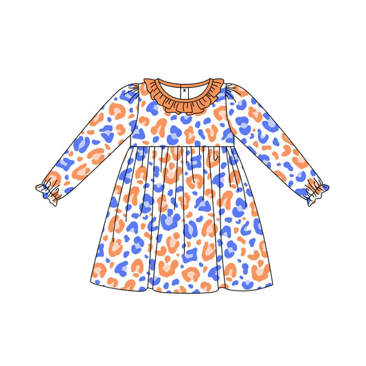 6.17 custom each style moq 5eta 4-6week baby girls clothes orange and blue leopard long sleeve girls dress