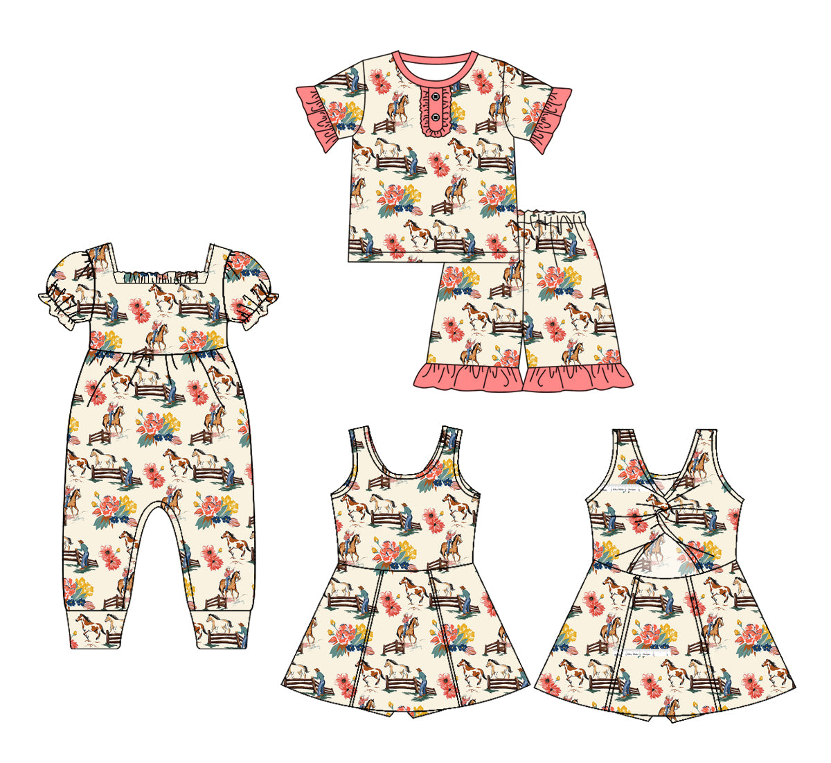 1.20 custom each style moq 5eta 4-6week Sibling Sisters horse floral baby girl short sleeve shorts sets and dress and rompers match family design