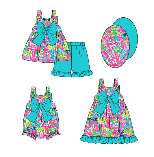 1.8 custom each style moq 5eta 4-6week Sibling Sister floral bow baby girl short sleeve shorts sets and dress and rompers match family design