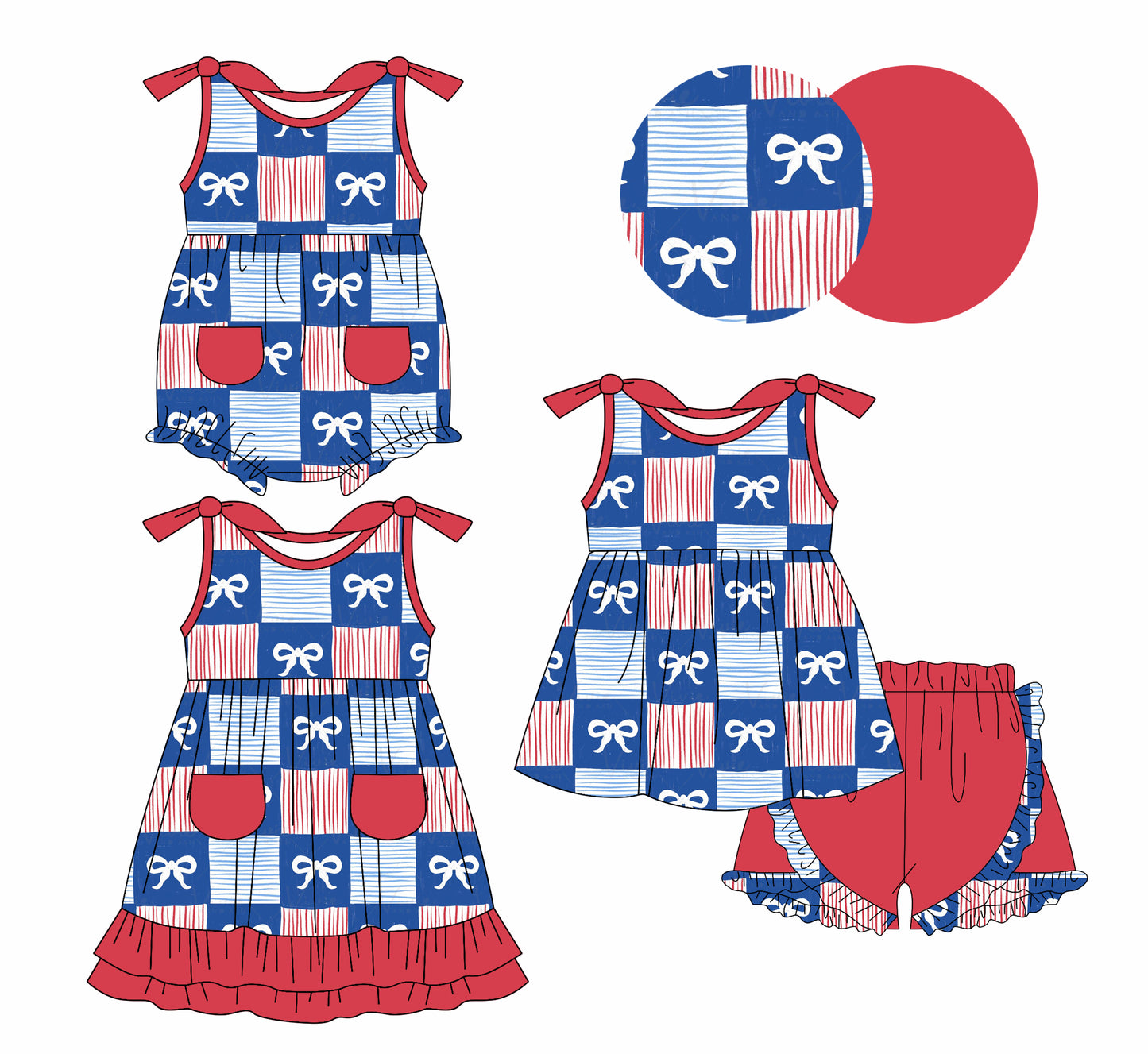 1.6 custom each style moq 5eta 4-6week Sibling Sister 4th of july bow baby girl short sleeve shorts sets and dress and rompers match family design