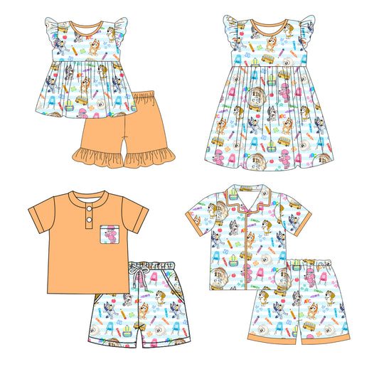 1.3 custom each style moq 5eta 4-6week Sibling Sister cartoon dog baby boy short sleeve shorts sets 1 and sets 2 and set 3 and dress match design