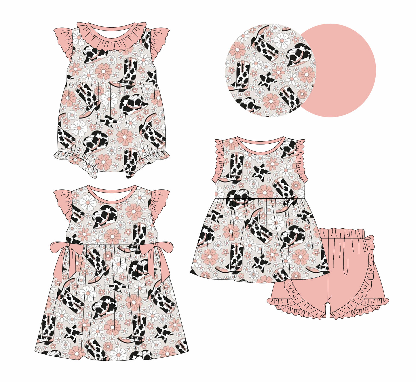 1.23 custom each style moq 5eta 4-6week Sibling Sisters boots floral baby girl short sleeve shorts sets and dress and rompers match family design