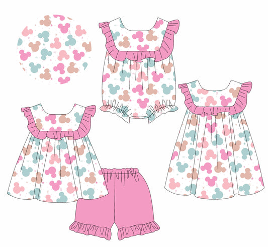 1.18 custom each style moq 5eta 4-6week Sibling Sisters mickey head baby girl short sleeve shorts sets and dress and rompers match family design