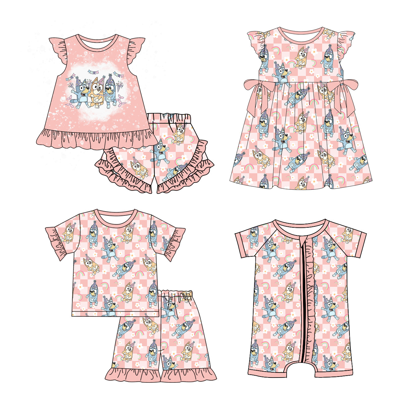 1.11 custom each style moq 5eta 4-6week Sibling Sister cartoon dog baby girl short sleeve shorts sets and sets 2 and boy romper and dress match design