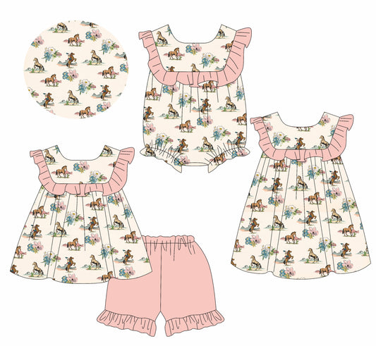 1.17 custom each style moq 5eta 4-6week Sibling Sisters baby girl short sleeve shorts sets and dress and rompers match family design