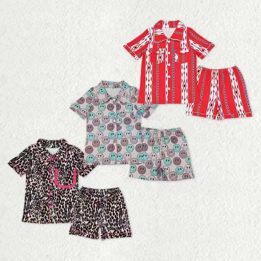 RTS NO MOQ Sibling Adult Girls Button Cardigan Short Sleeve Shorts Pajama Set: Leopard & Geometric Stripes