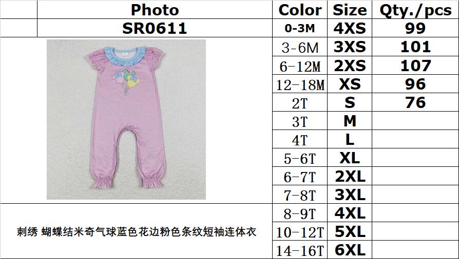 SR0611 Embroidery Bow Mickey Balloon Blue Lace Pink Striped Short Sleeve Jumpsuit