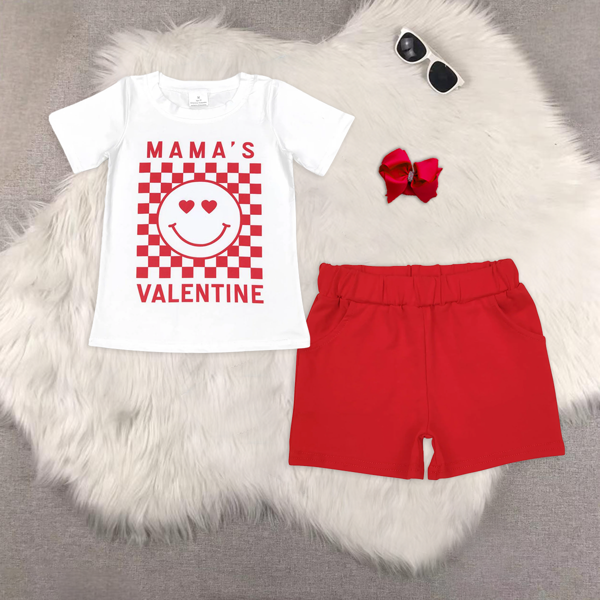 rts no moq BT0445+SS0270 baby boy clothes MAMA VALENTINE short-sleeved top red shorts sets