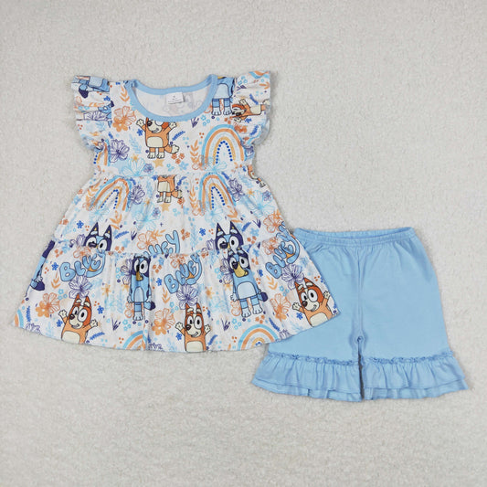 GT0484+SS0183 bluey flower rainbow white flying sleeve top sky blue lace shorts