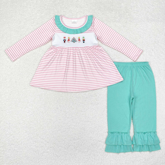 RTS NO MOQ ETA 5/7days GLP1455 Embroidered Christmas nutcracker pink striped long-sleeved blue-green lace pants suit