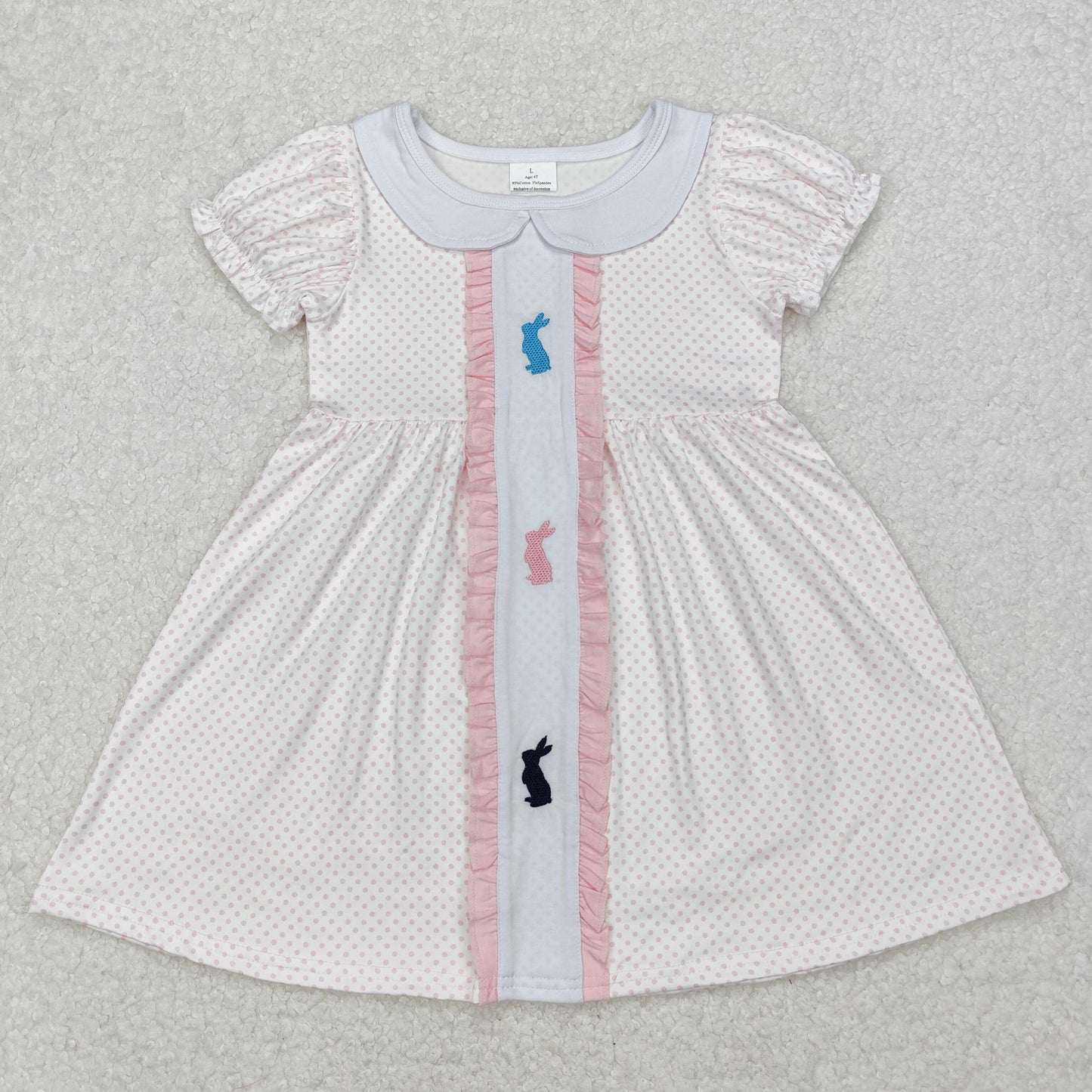 RTS NO MOQ ETA 5/7days Arrived GSD1771 Embroidered Easter bunny pink polka dot lace doll collar white short-sleeved dress