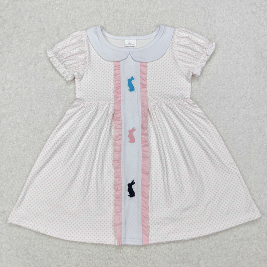 RTS NO MOQ ETA 5/7days Arrived GSD1771 Embroidered Easter bunny pink polka dot lace doll collar white short-sleeved dress