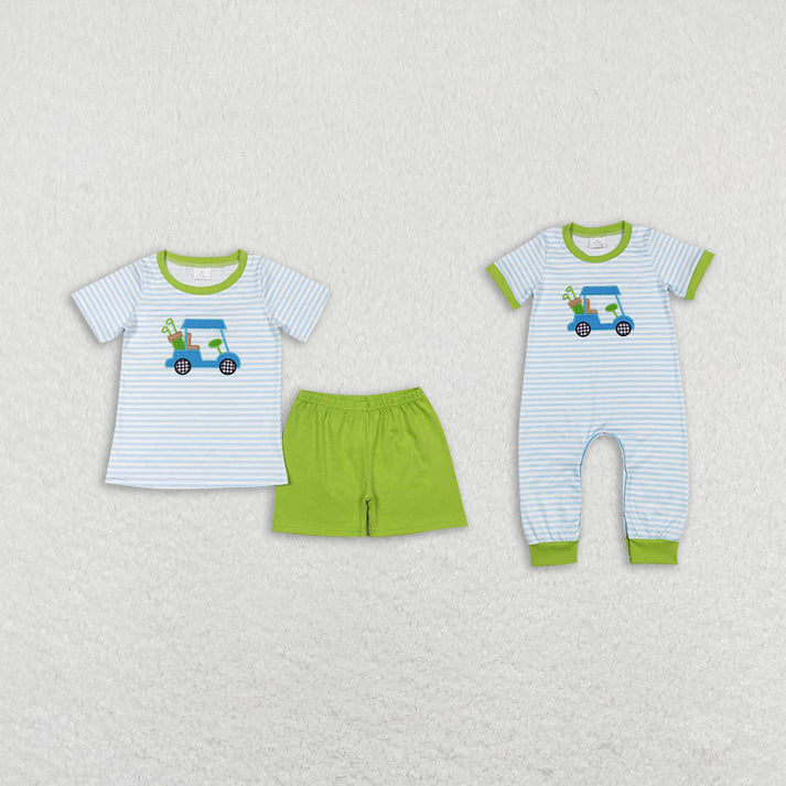 Baby girls car print blue plaid green boys set and baby romper Sibling Sister Clothes Sets