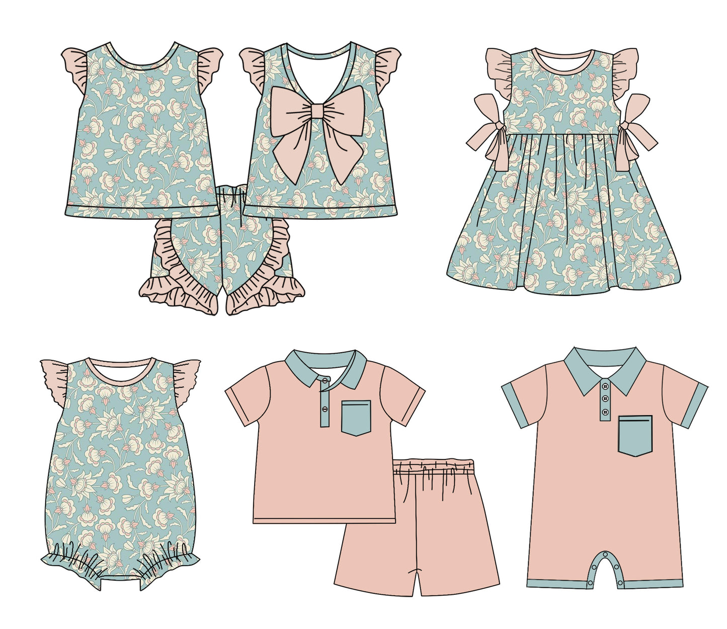 1.23 custom each style moq 5eta 4-6week Sibling Sister baby girl short sleeve shorts sets and sets 2 and boy romper and girl romper and dress match design