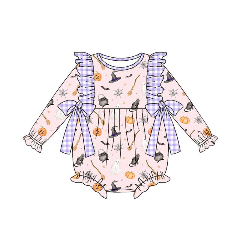 5.7custom each style moq 5eta 4-5week Sibling Sister Halloween ghost pumpkin magic hat prints purple girls outfits and baby romper and dress match family design