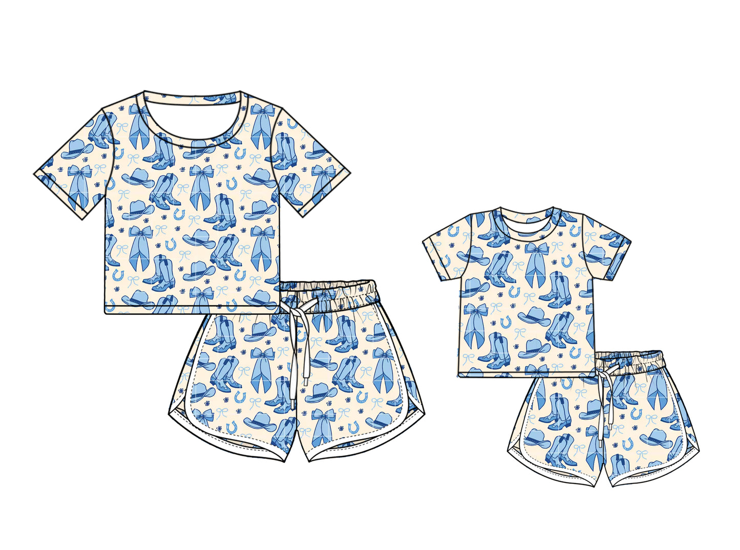 25.12.1 custom each style moq 5 eta 6-8week Sibling Sister boot bow hat blue short sleeve shorts sets and adult set match design