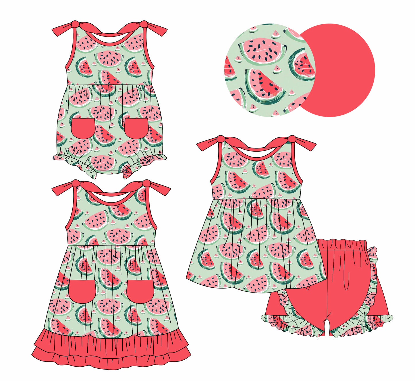 1.6 custom each style moq 5eta 4-6week Sibling Sistes watermelon baby girl short sleeve shorts sets and dress and rompers match family design