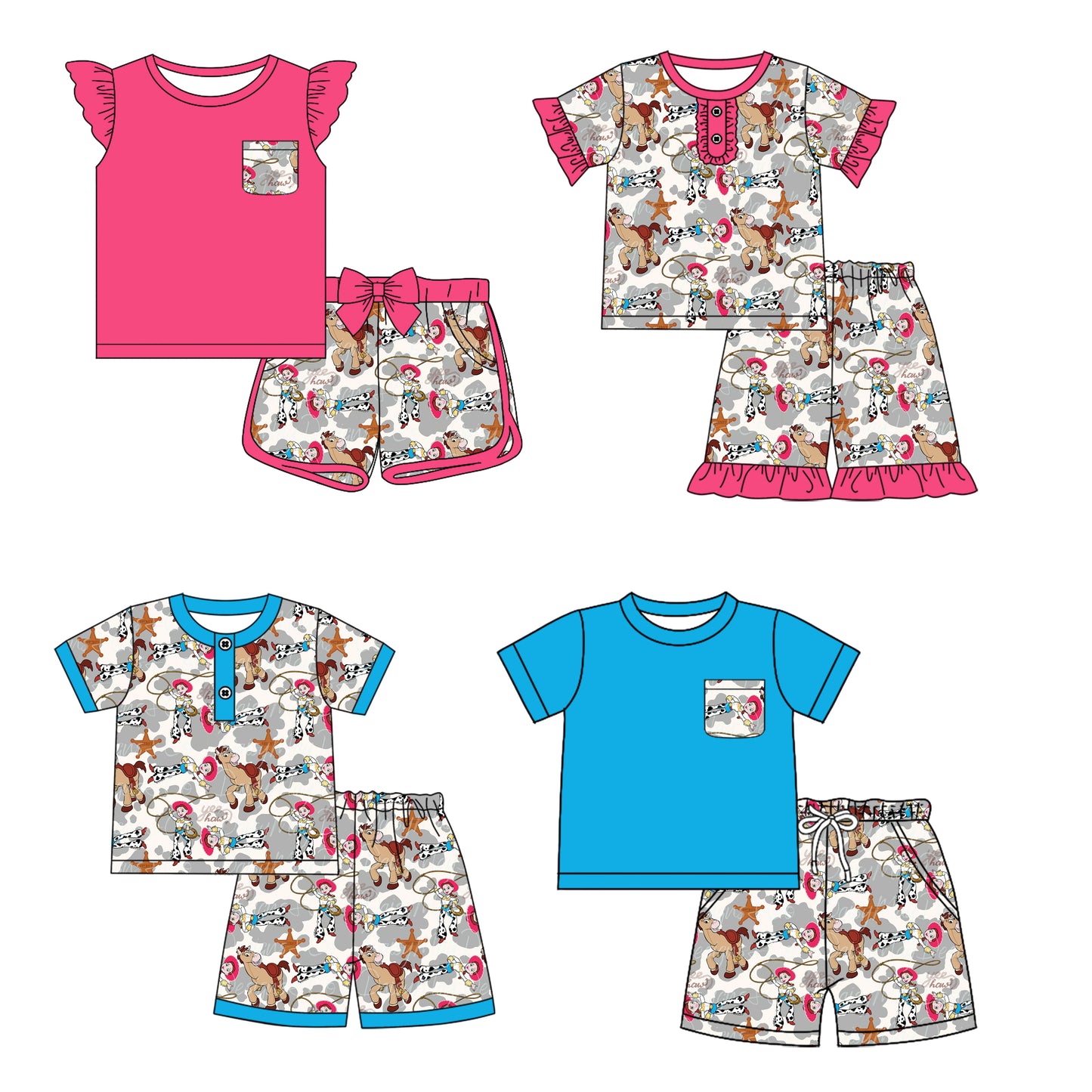 12.30 custom each style moq 5eta 4-6week Sibling Sister toy story baby boy short sleeve shorts sets 1 and sets 2 and set 3 match design