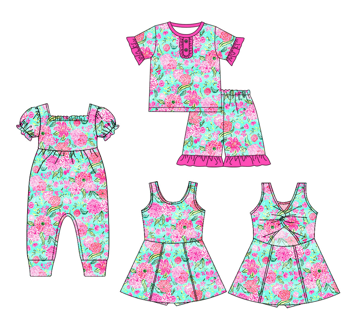 1.20 custom each style moq 5eta 4-6week Sibling Sisters floral baby girl short sleeve shorts sets and dress and rompers match family design