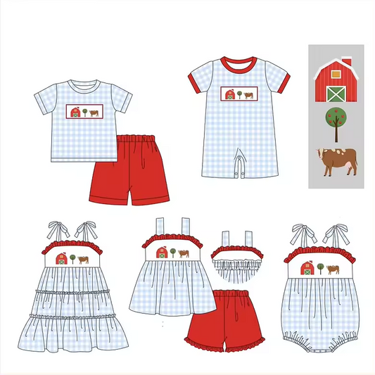 5.15custom each style moq 5eta 4-5week Sibling Sister Country style farm tree cow print blue plaid red girls and boys outfits and baby romper and dress match family design