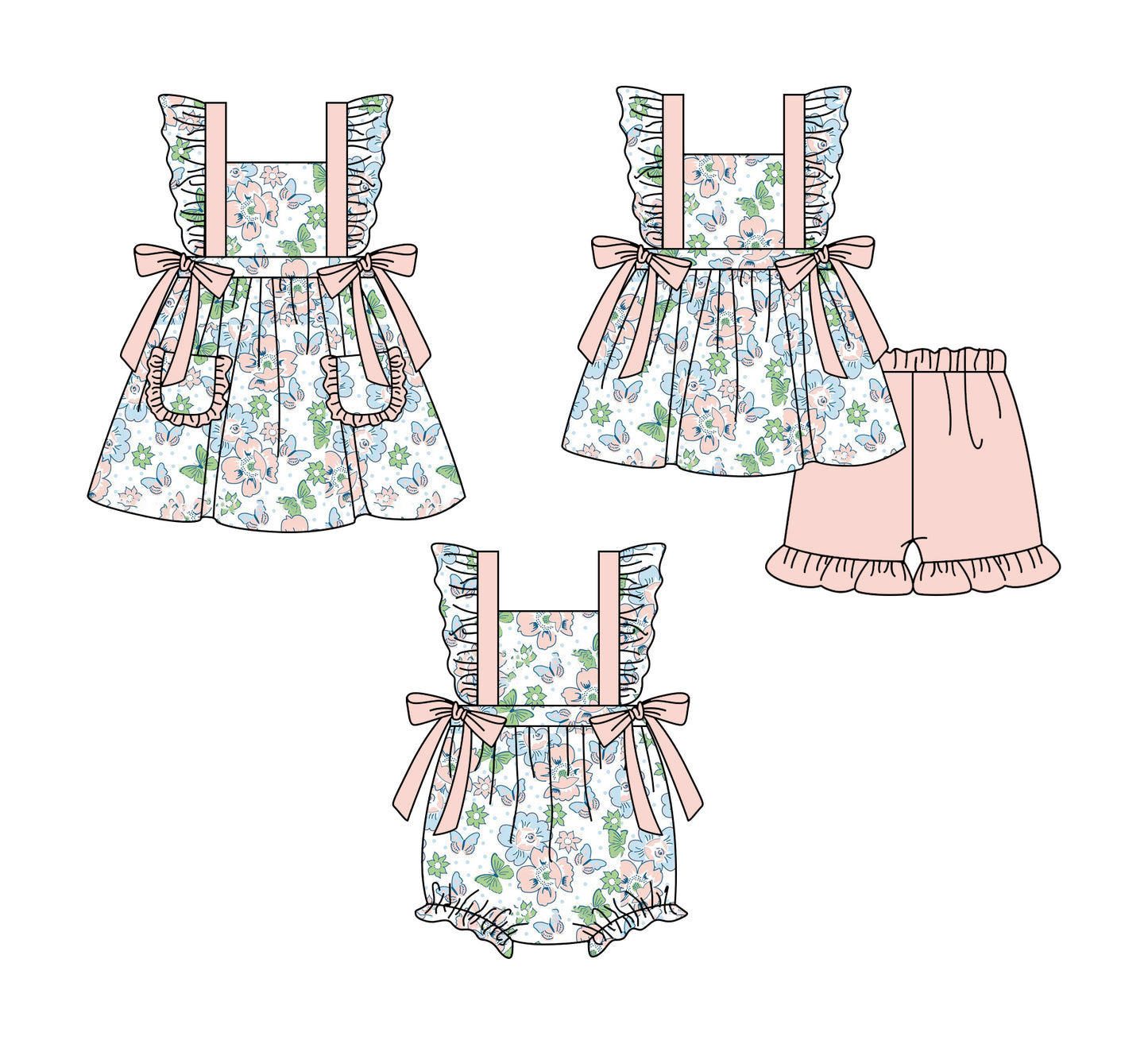 1.2 custom each style moq 5eta 4-6week Sibling Sistes floral baby girl short sleeve shorts sets and dress and rompers match family design