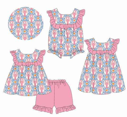 1.18 custom each style moq 5eta 4-6week Sibling Sisters crayfish baby girl short sleeve shorts sets and dress and rompers match family design