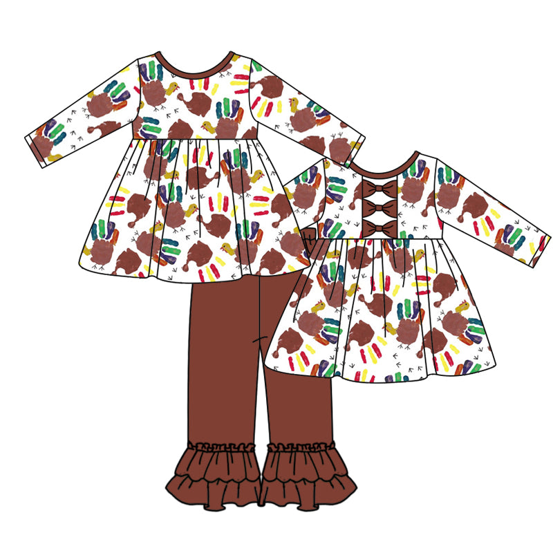 5.14custom each style moq 5eta 4-5week Sibling Sister Smiley Colorful palm print brown boys and girls outfits and baby romper match family design