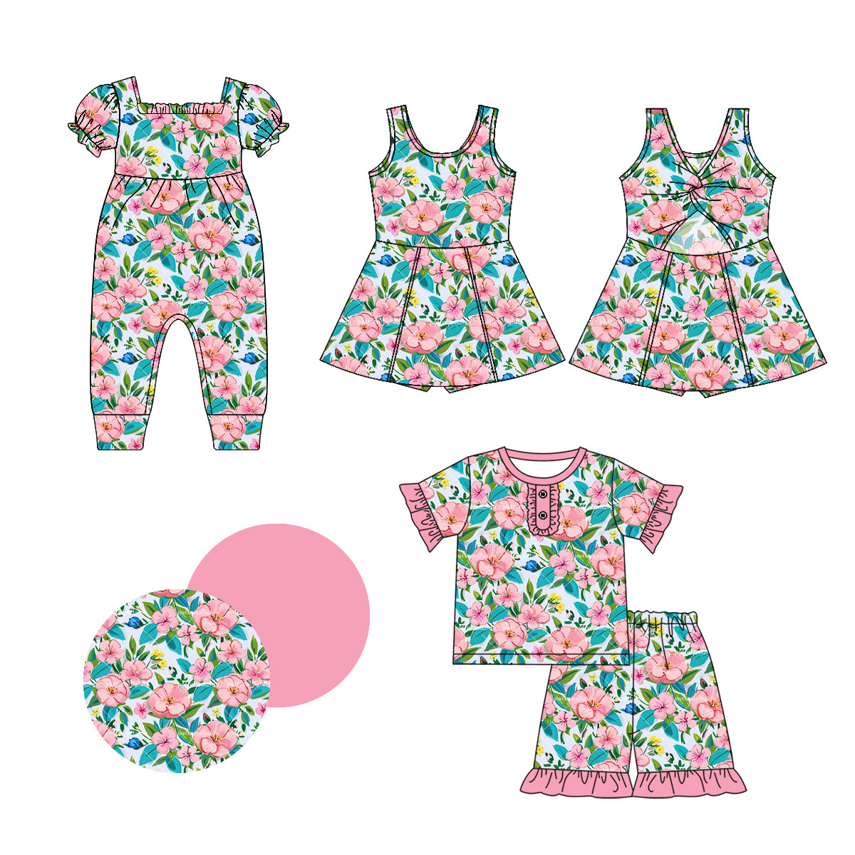 1.3 custom each style moq 5eta 4-6week Sibling Sistes floral baby girl short sleeve shorts sets and dress and rompers match family design